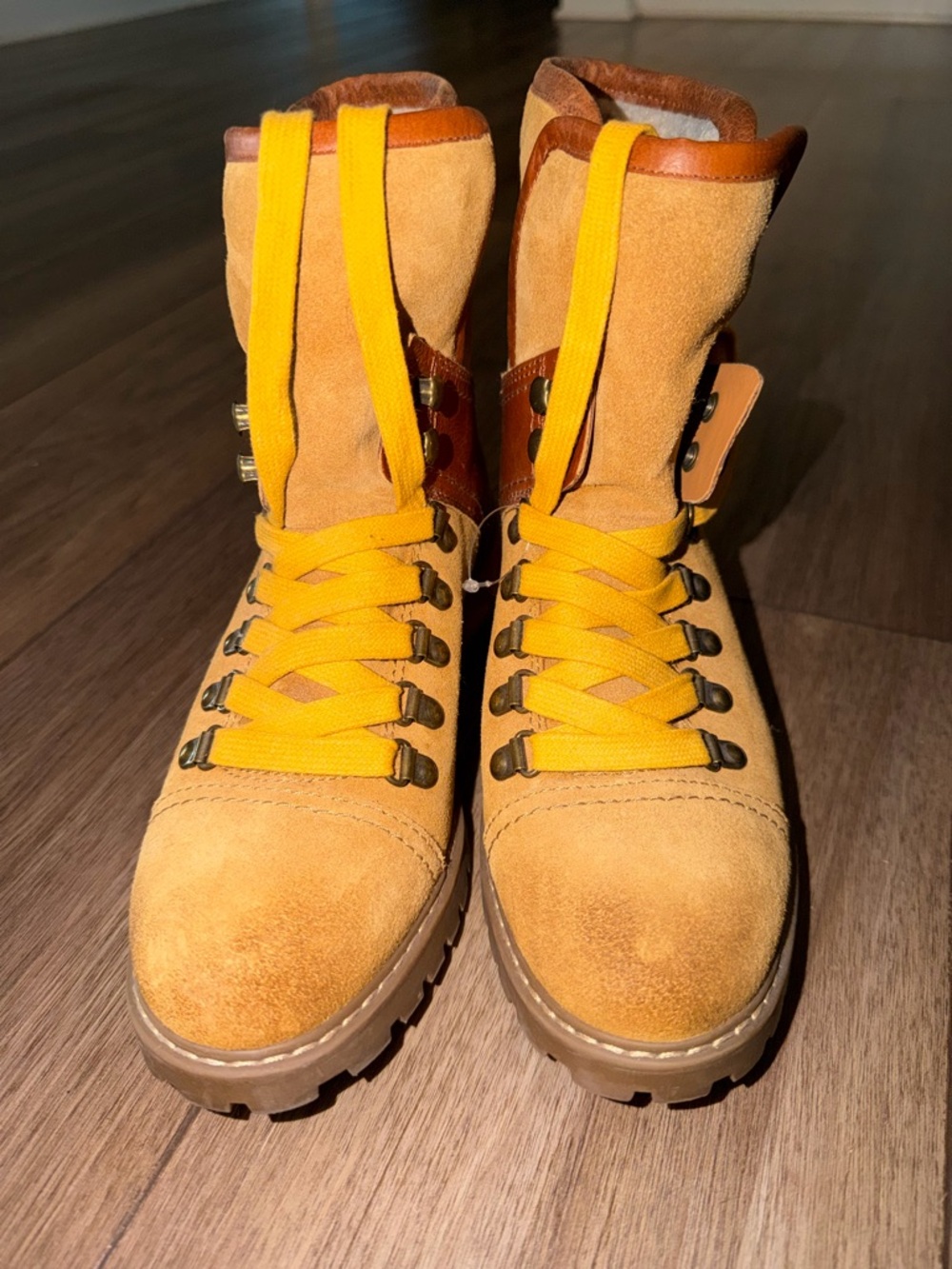 Frye and Co Honey Suede Hiking Boots with Bright Yellow Laces
